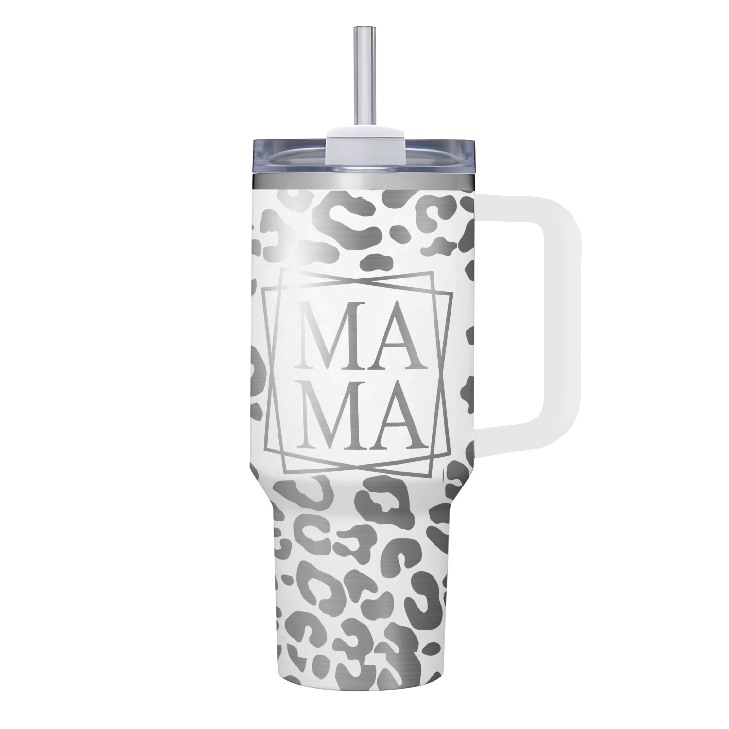 Mama Leopard Full Wrap Laser Engraved On 40oz Tumbler With Handle And Straw. Mom Cup