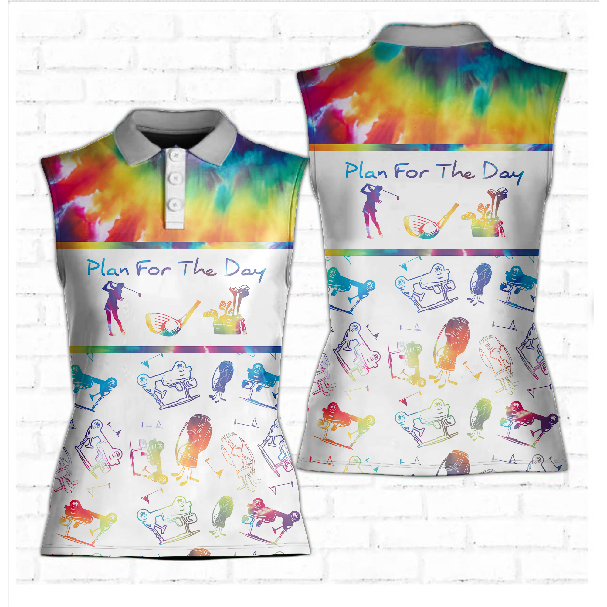 Funny Golf Plant For The Day Tie-dye Pattern Short Sleeve, Sleeveless Polo Shirt For Women
