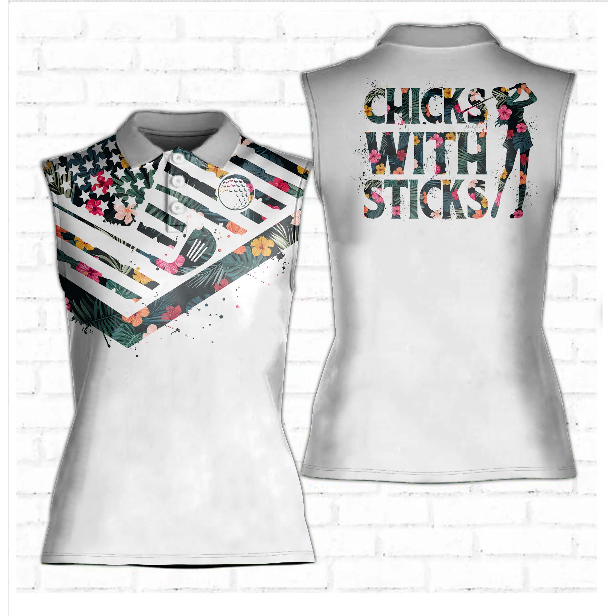 Tropical Flower Chicks With Sticks Women Short Sleeve Polo Shirt, Sleeveless Golf Polo Shirt