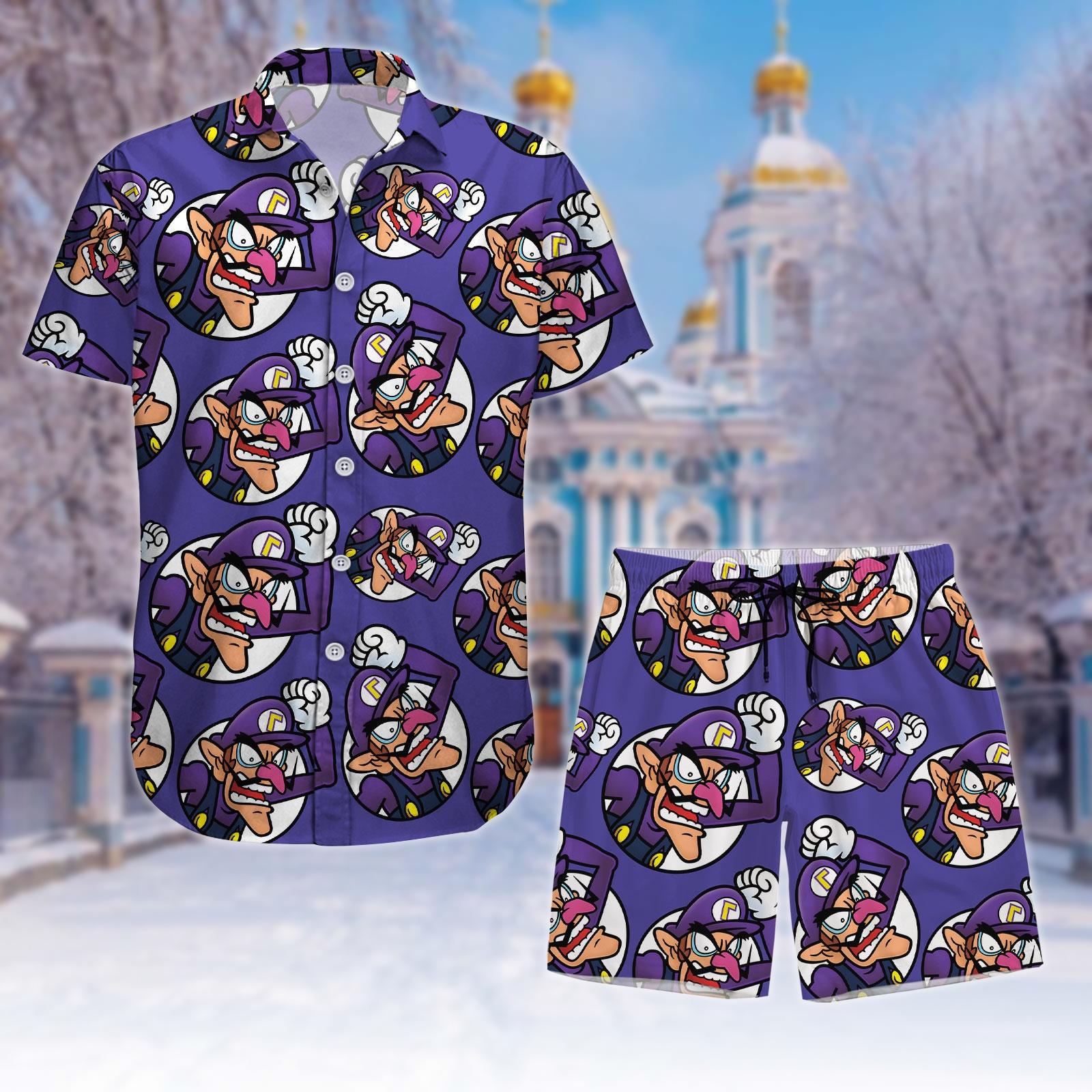 Waluigi Hawaii And Short, Super Mario Character Button Shirt