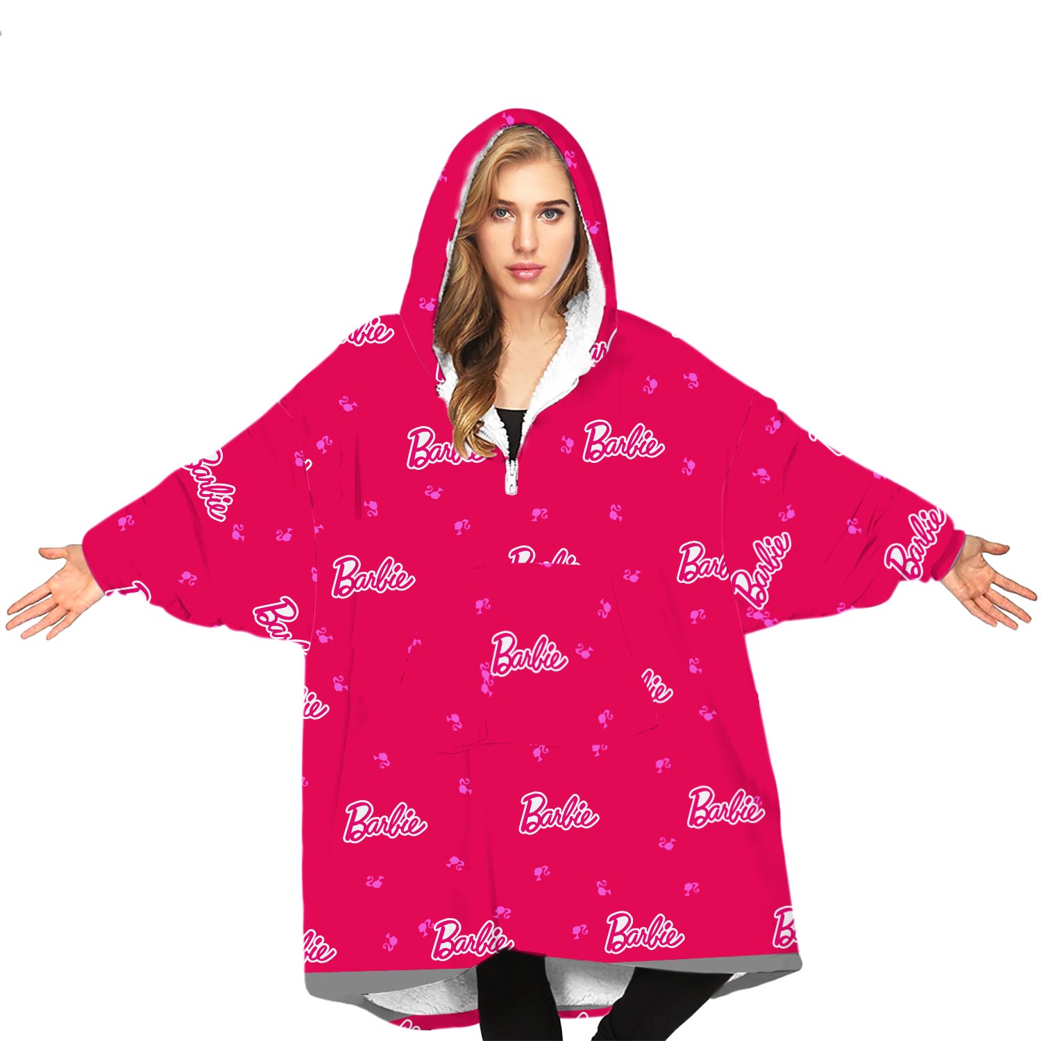 Barbie Print Hot Pink  Blanket Hoodie Sherpa Fleece