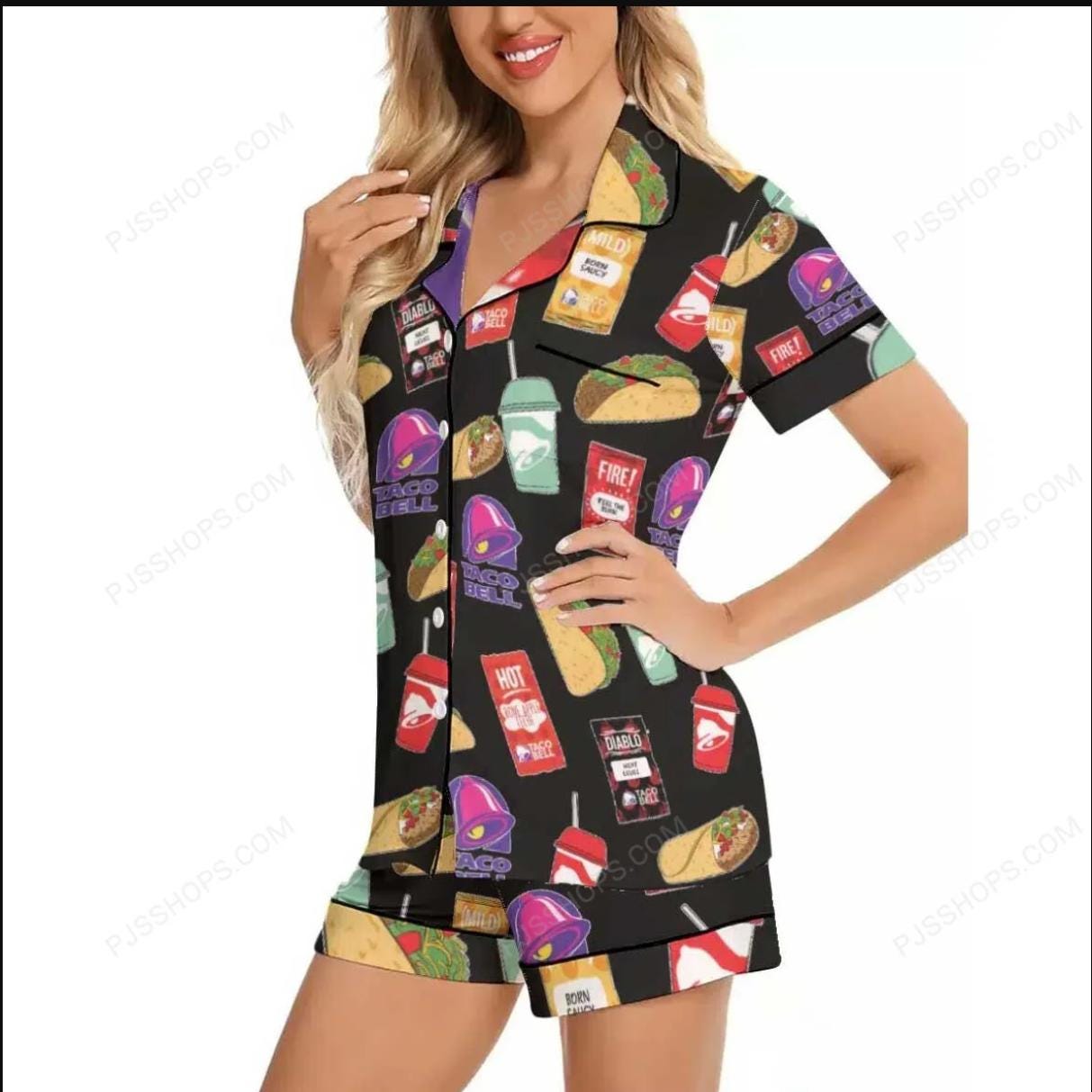 Women's Black Taco Print Pajama Set  Silky Soft, Short Sleeve