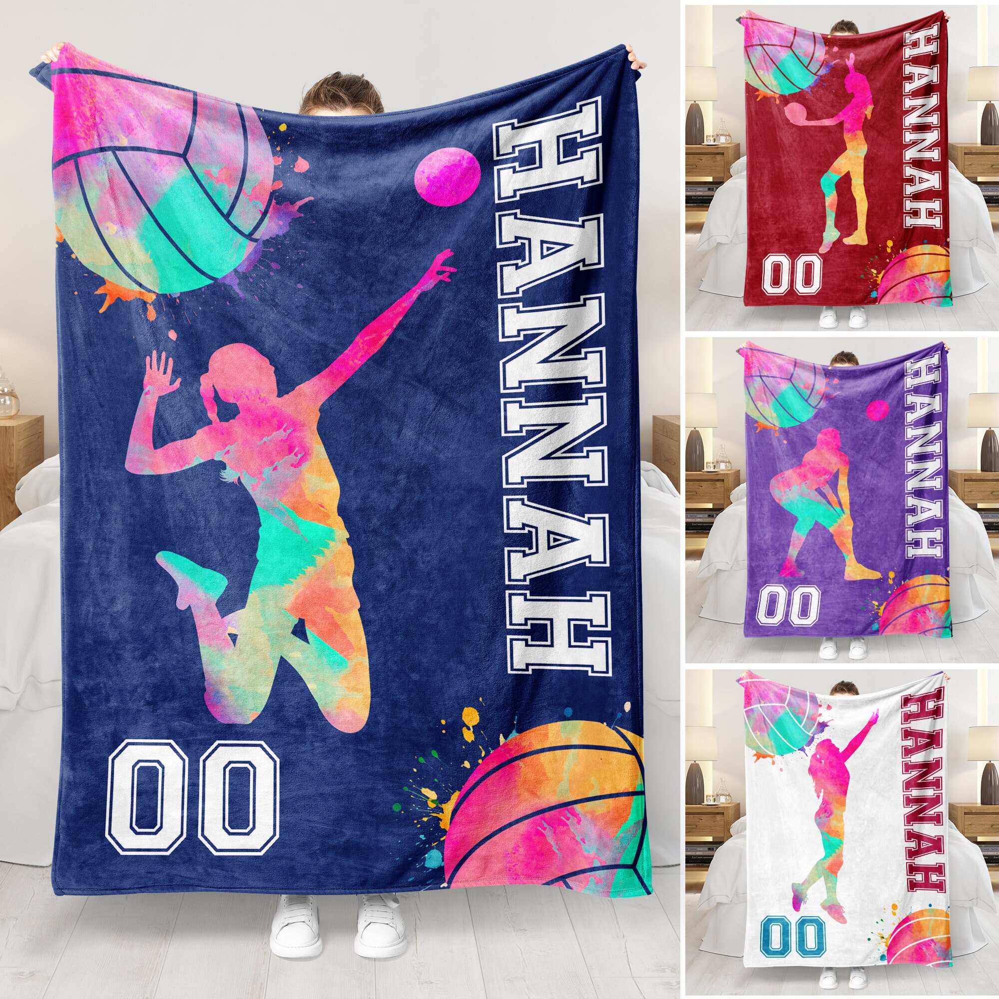 Personalized Volleyball Blanket - Custom Name Watercolor Design Volleyball Sherpa Fleece