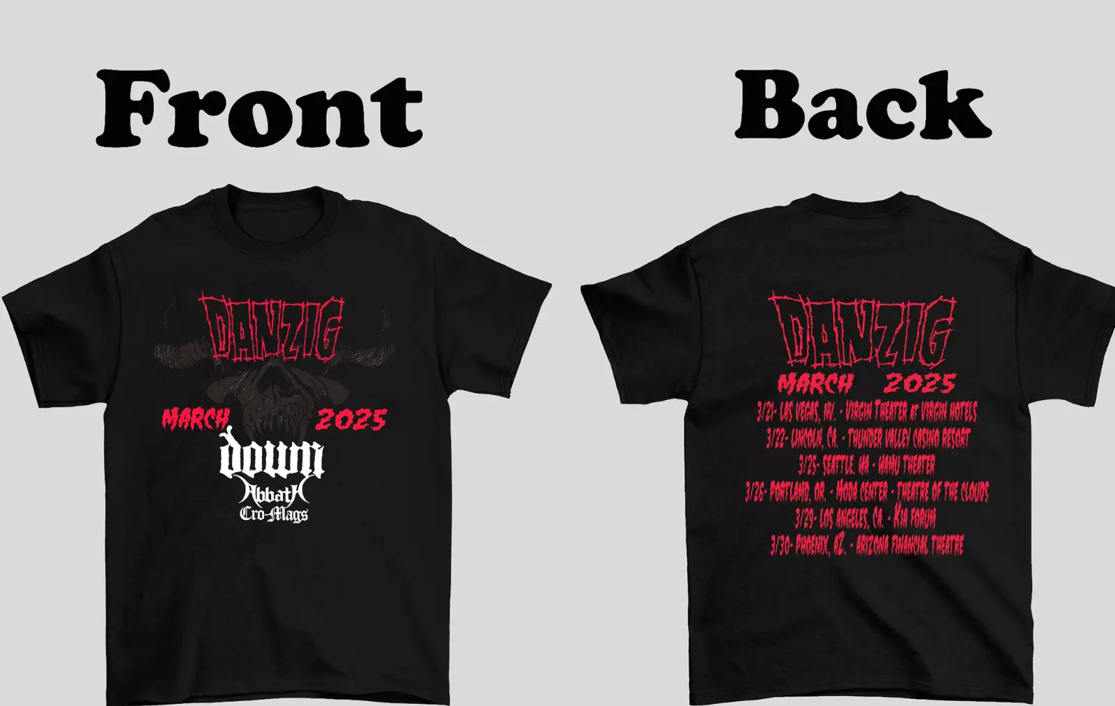 Danzig Band On Tour 2025 Us Down, Abbath, Cro-mags T Shirt