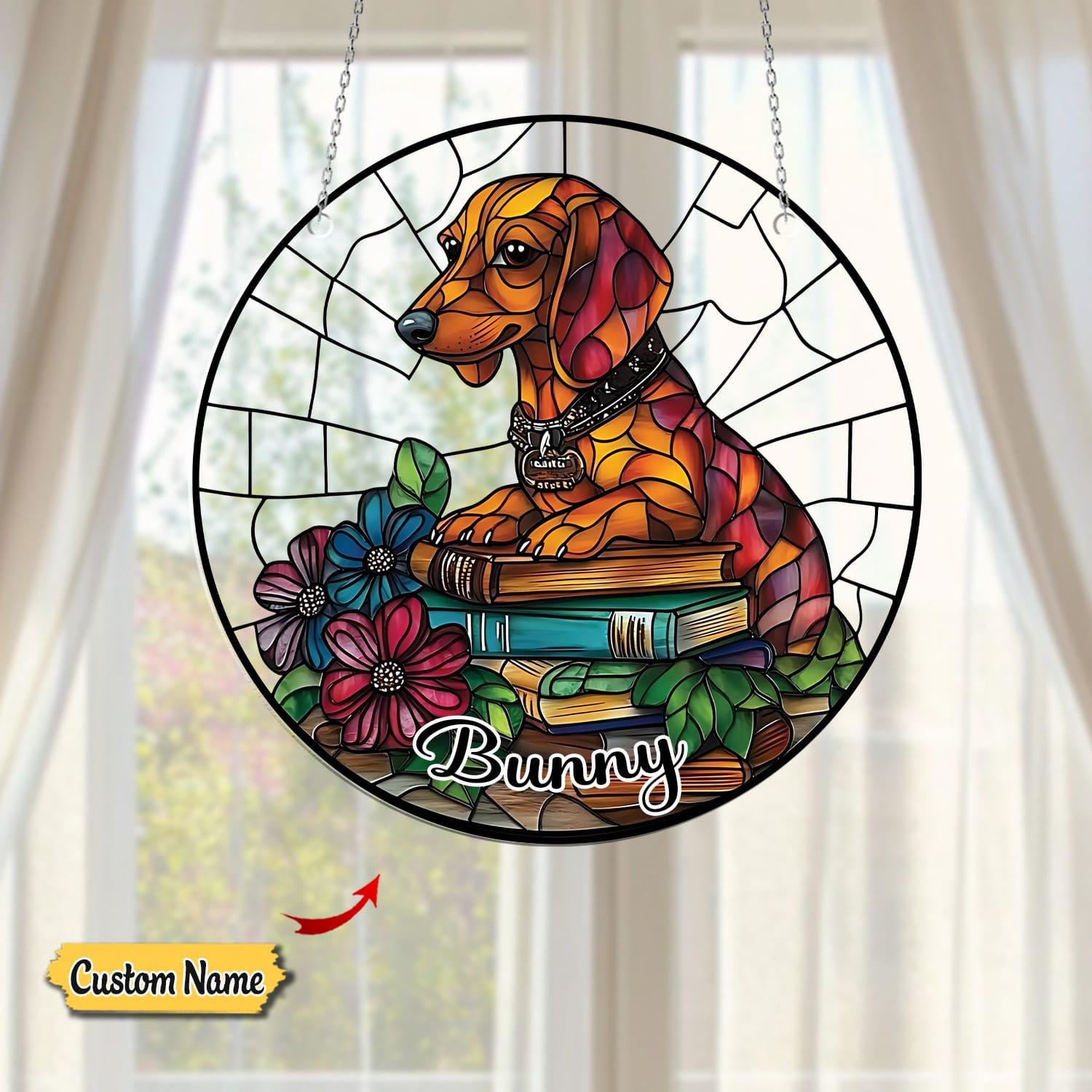 Custom Name Dachshund And Book Window Hanging, Dog Mom Gift, Dog Lover Gift, Dachshund Suncatchers