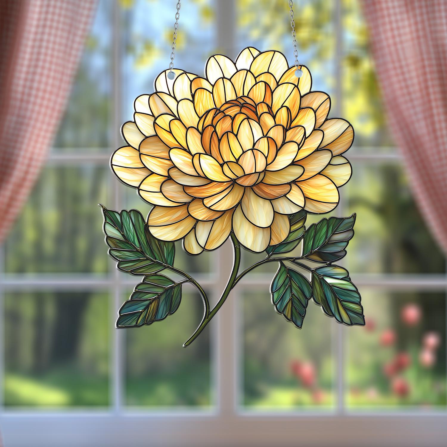 Golden Chrysanthemum Window Hanging Suncatcher | Perfect Gift For Flower Lovers & Garden