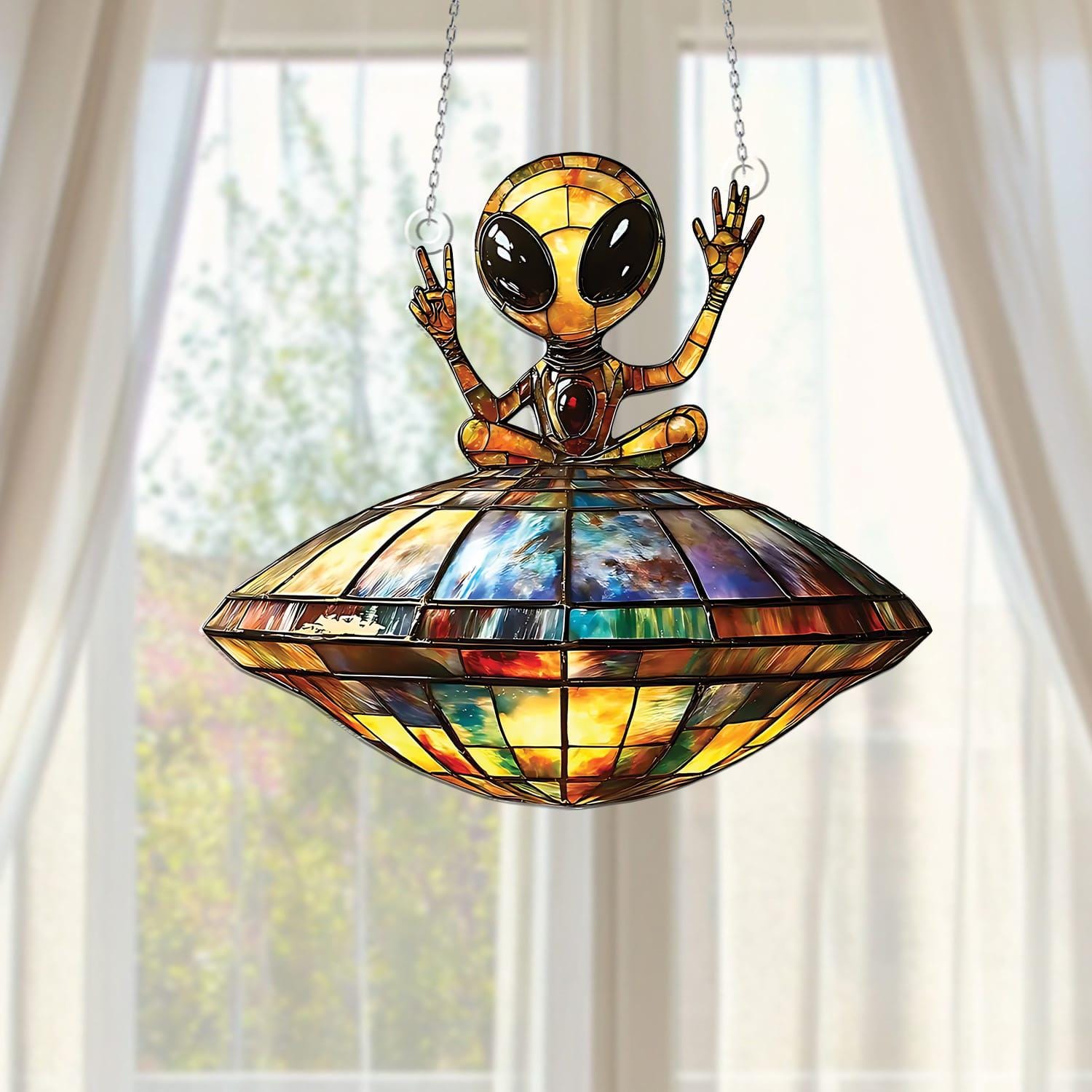 Alien And Spaceship Suncatchers, Ufo Stained Glass Suncatcher, Cosmic Window Decor