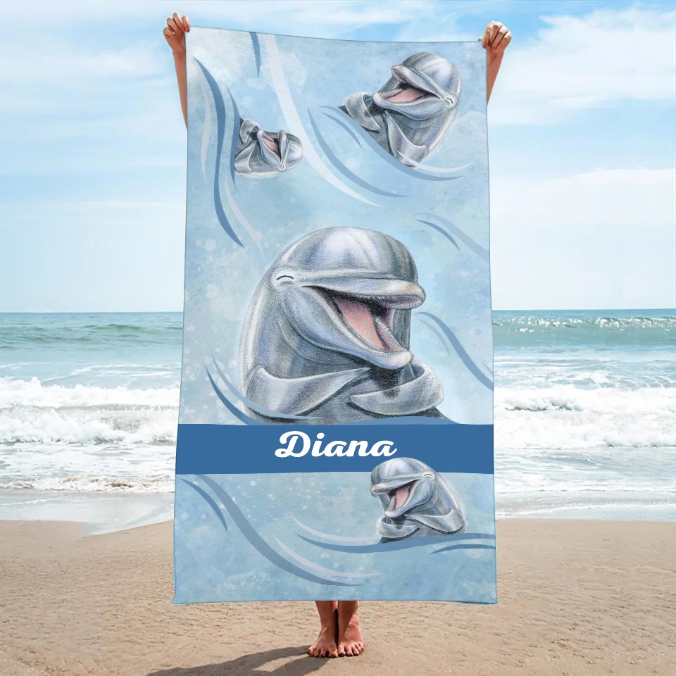 Dolphin Towel With Name, Personalized Beach Towel, Beach Themed Towel