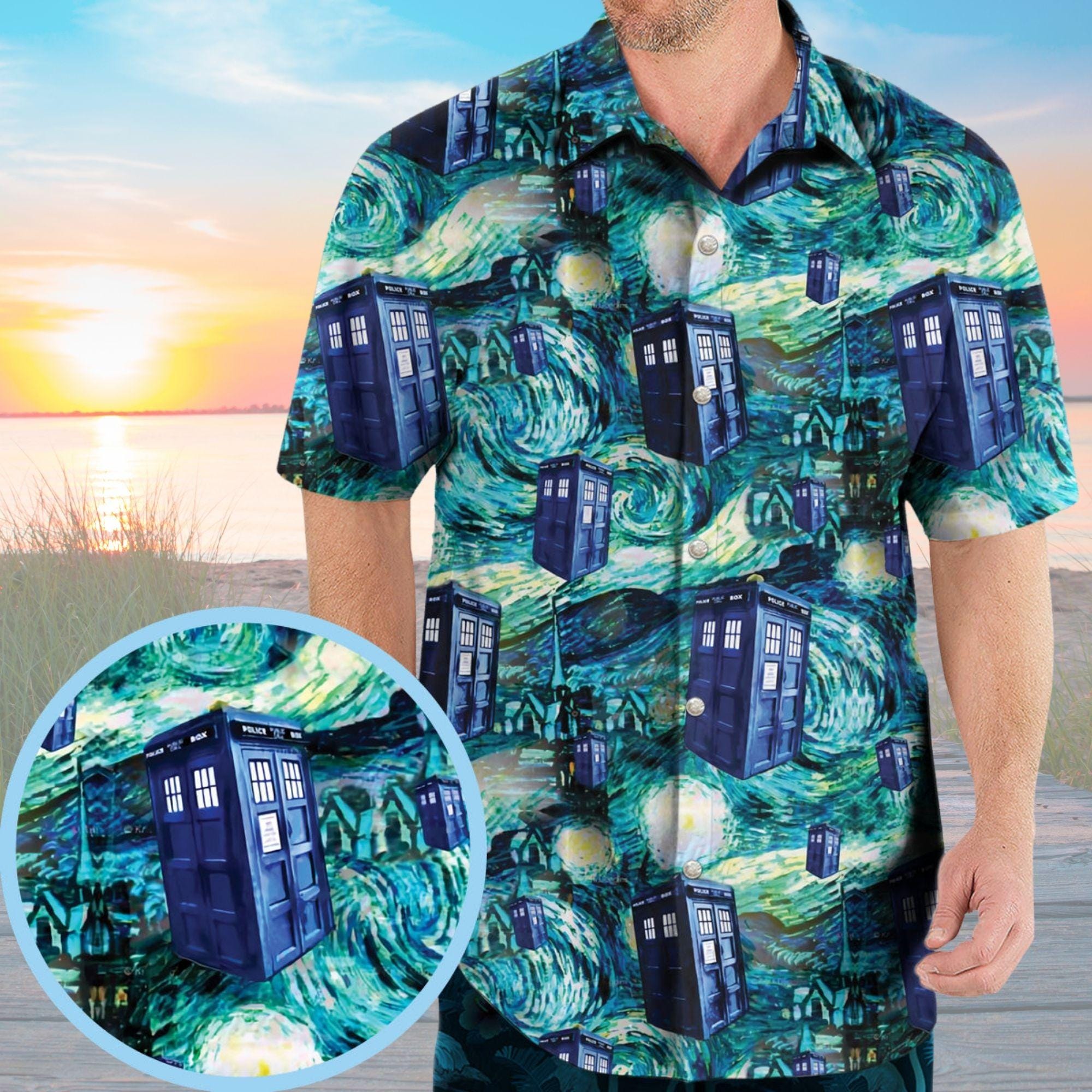 Starry Night Doctor Who Hawaiian Shirt, Doctor Who Tardis Vacation Shirt