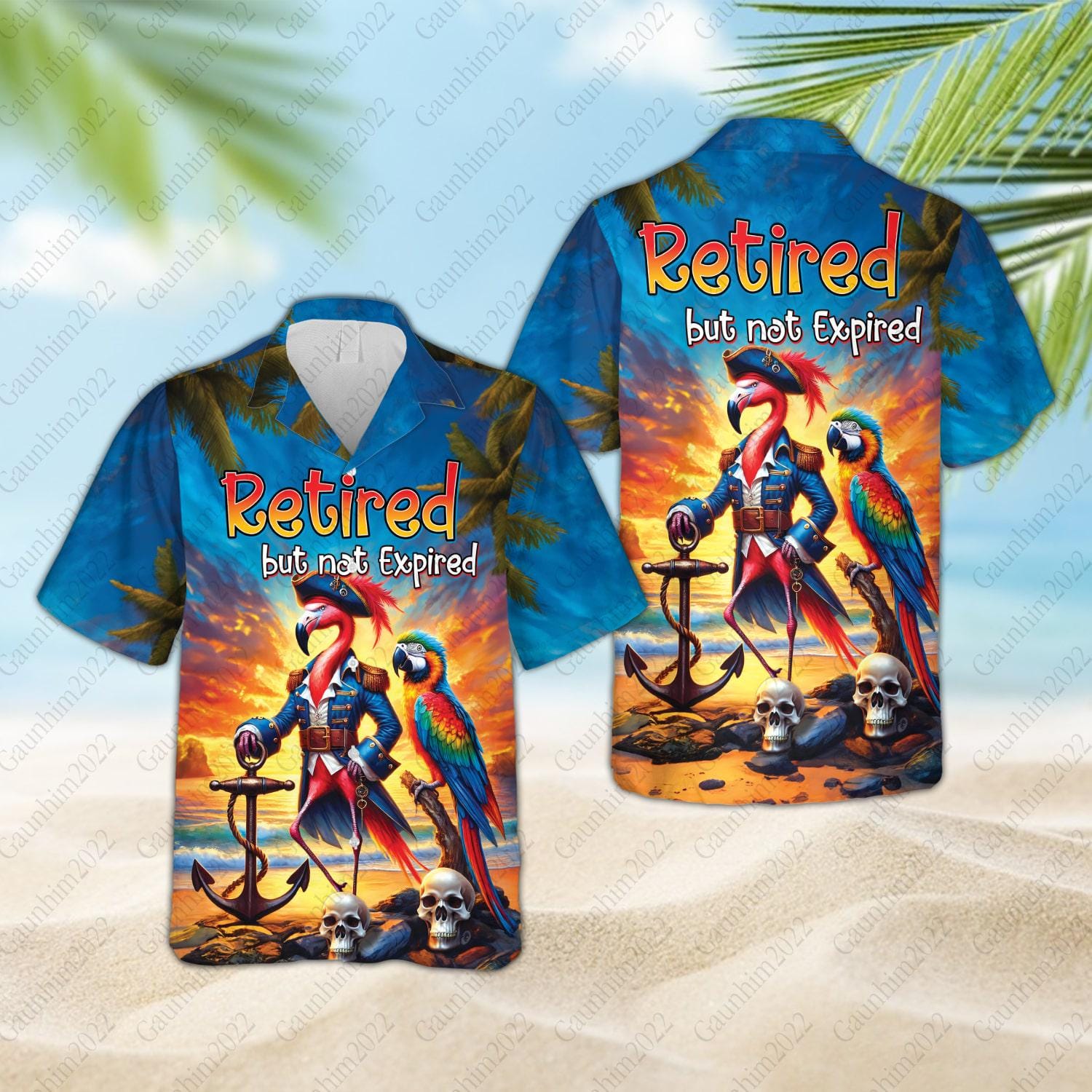 Pink Flamingo Pirate Hawaiian Shirt, Retired But Not Expired Parrot Vacation Button Up Shirt