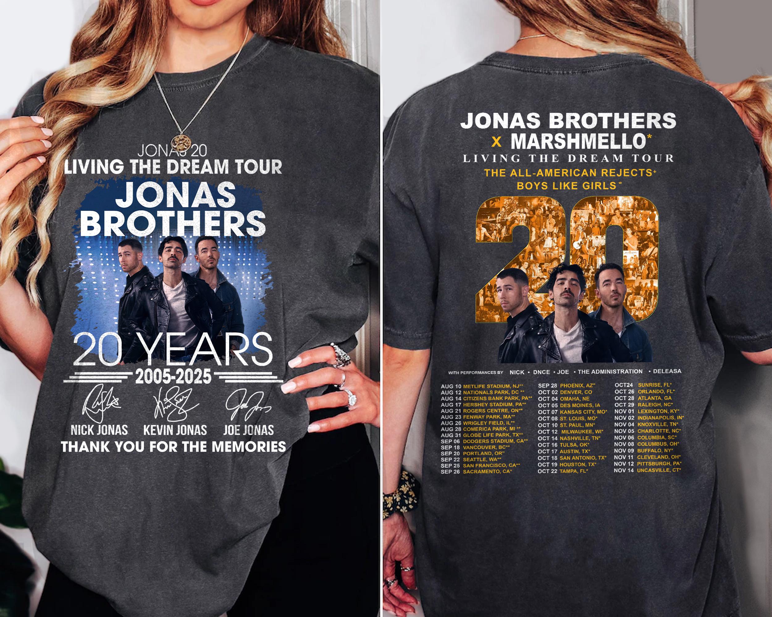 Vintage Jonas Brothers Living The Dream Tour 2025, Jonas 20 Marshmello 2025 Tour Shirt