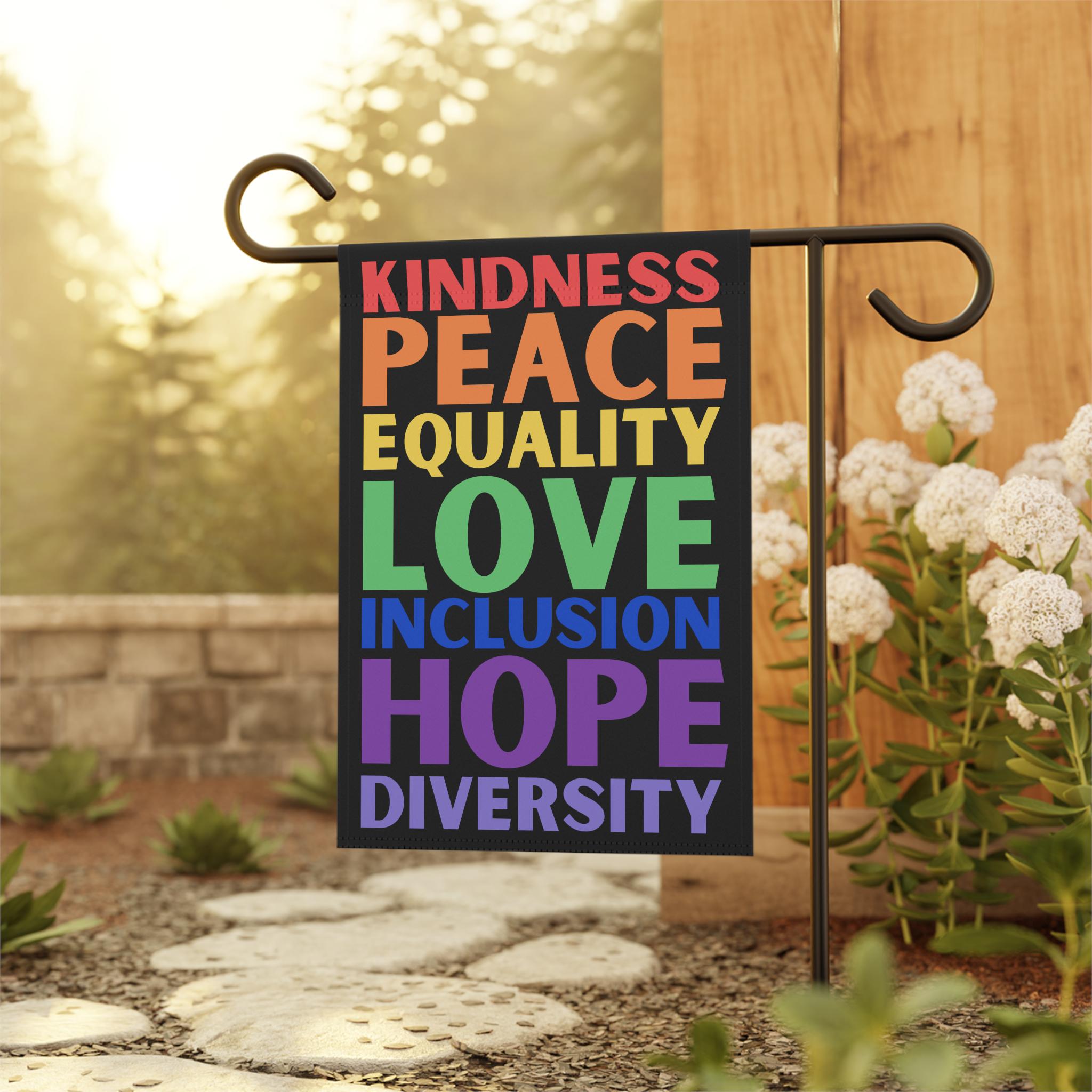 Inspirational Garden Banner, Kindness Peace Equality Love Inclusion Hope Diversity, Garden Decor, Outdoor Flag, Lgbtq+ Pride, Home & Garden