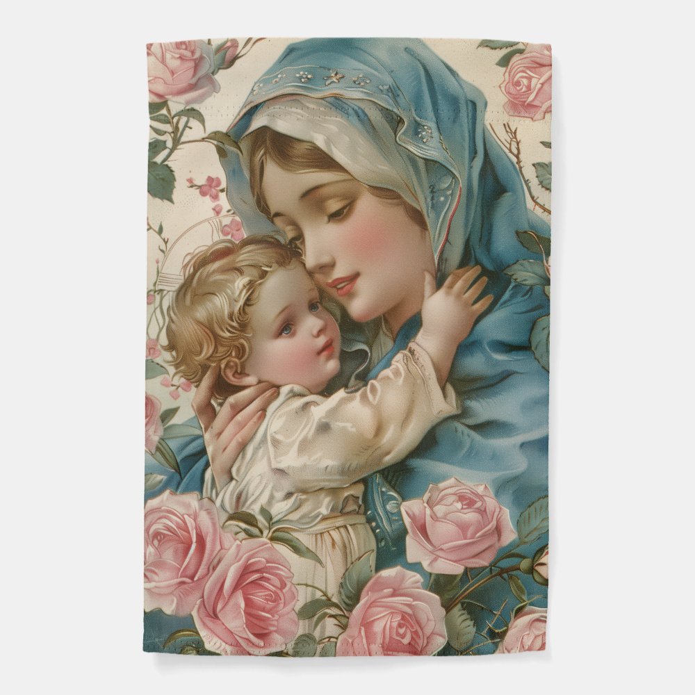 Blessed Mary With Jesus Roses Religious Garden Flag