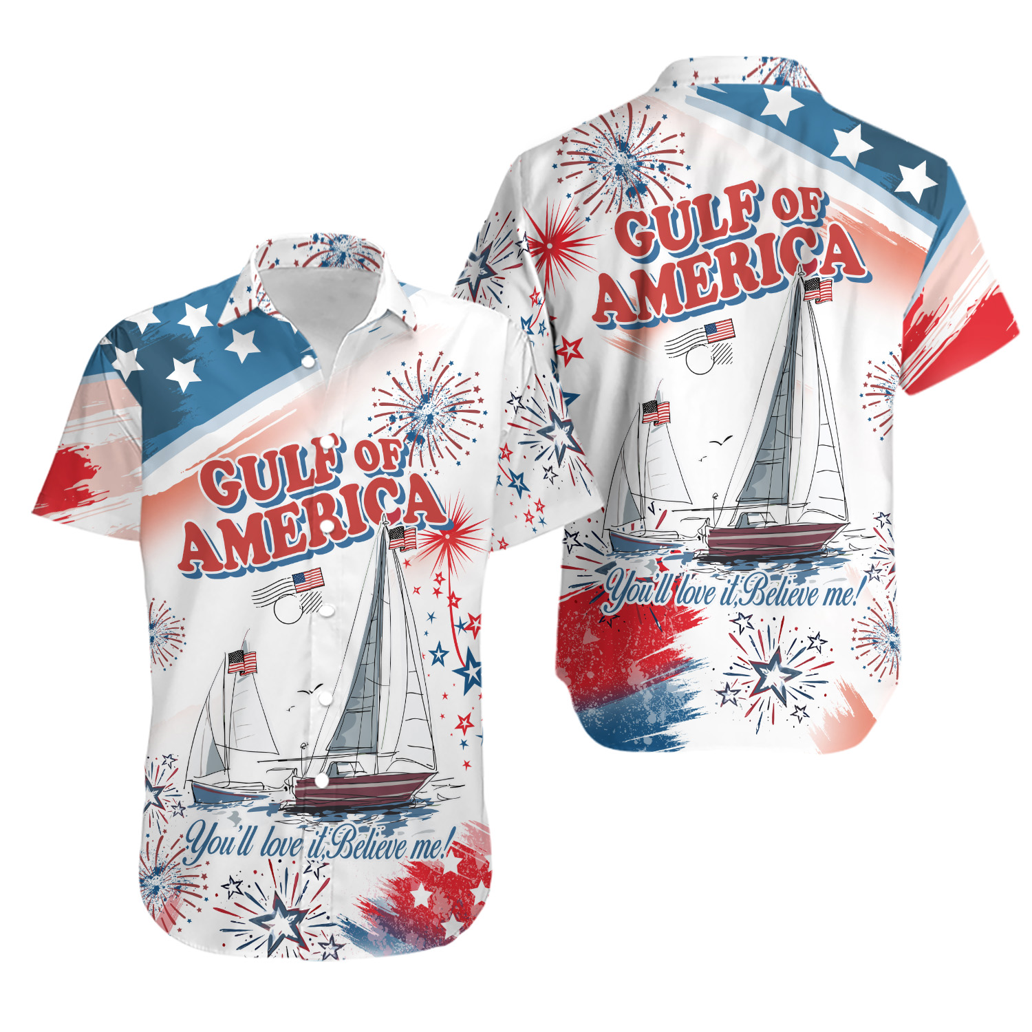 Gulf Of America Hawaiian Shirt For Men Women, Us Flag Sailboat Fireworks Button Up Shirt
