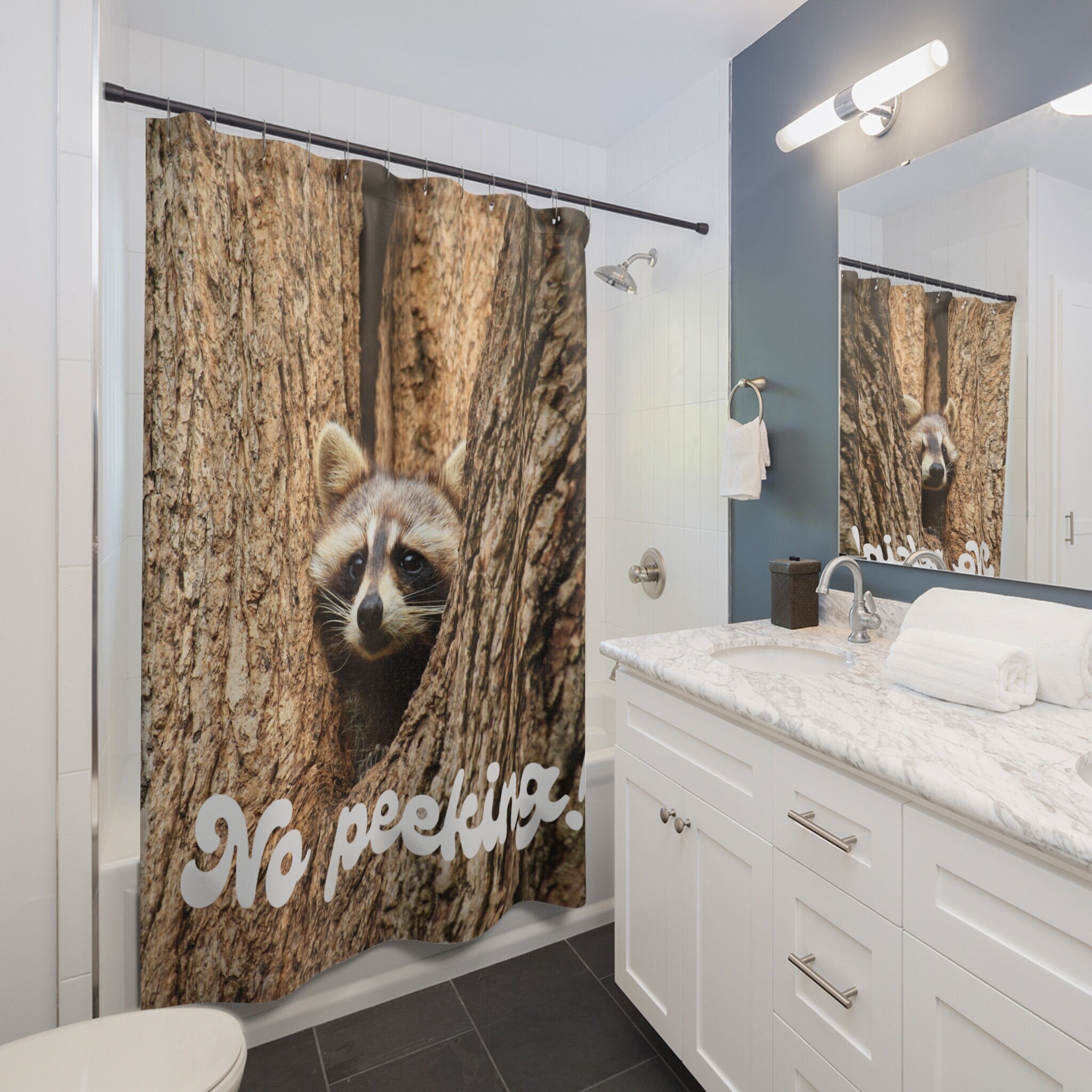 Funny Shower Curtain Cute Peeking Racoon Rustic Decoration Shower Curtain