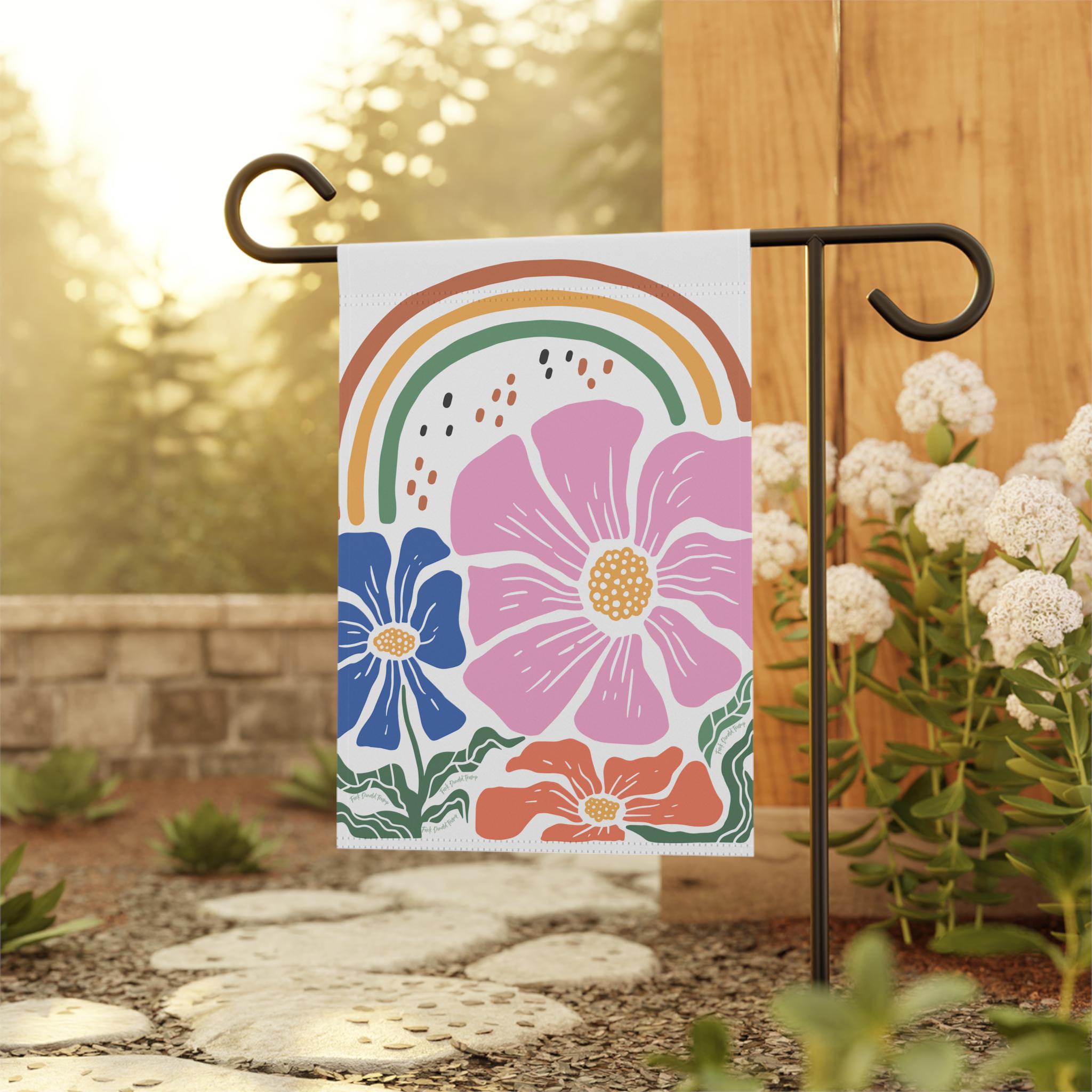 Subtle Anti-trump Garden Flag, Boho Rainbow Flowers, Garden Banner