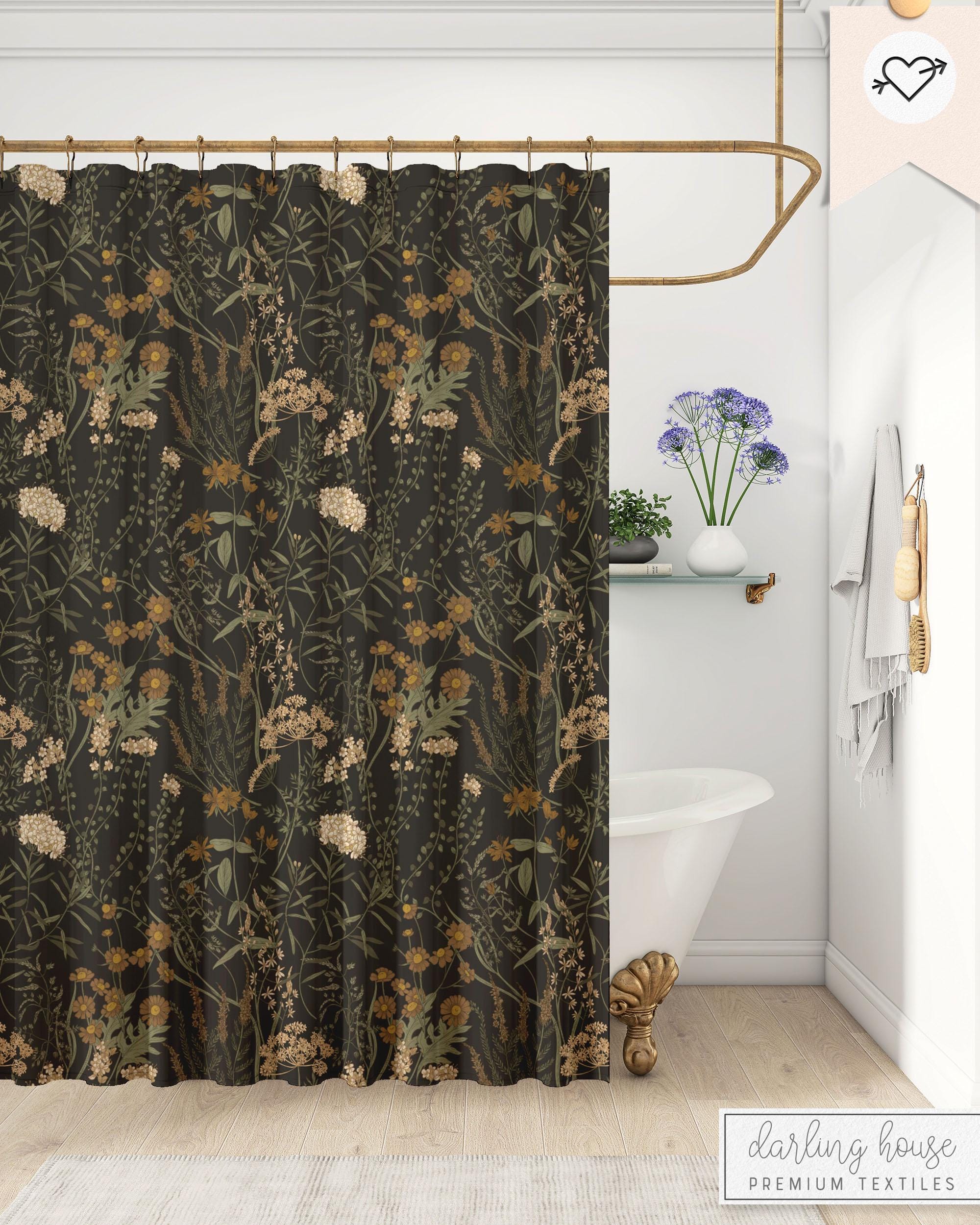 Moody Dark Floral Shower Curtain, Apothecary Wildflower Botanical Decor