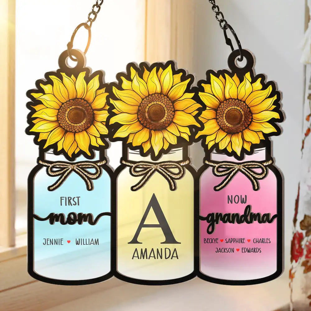 Monogram Flower Jar First Mom Now Grandma - Personalized Window Hanging Suncatcher Ornament