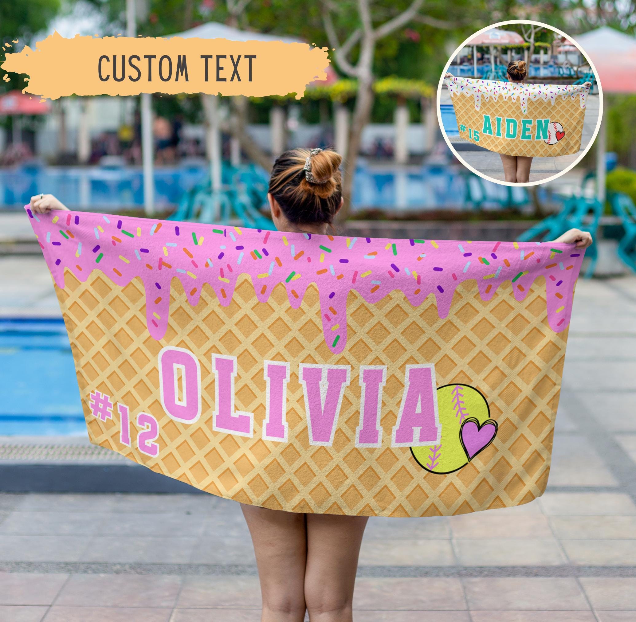 Personalized Ice Cream Drip Softball Beach Towel For Girls,youth Softball Team Gift