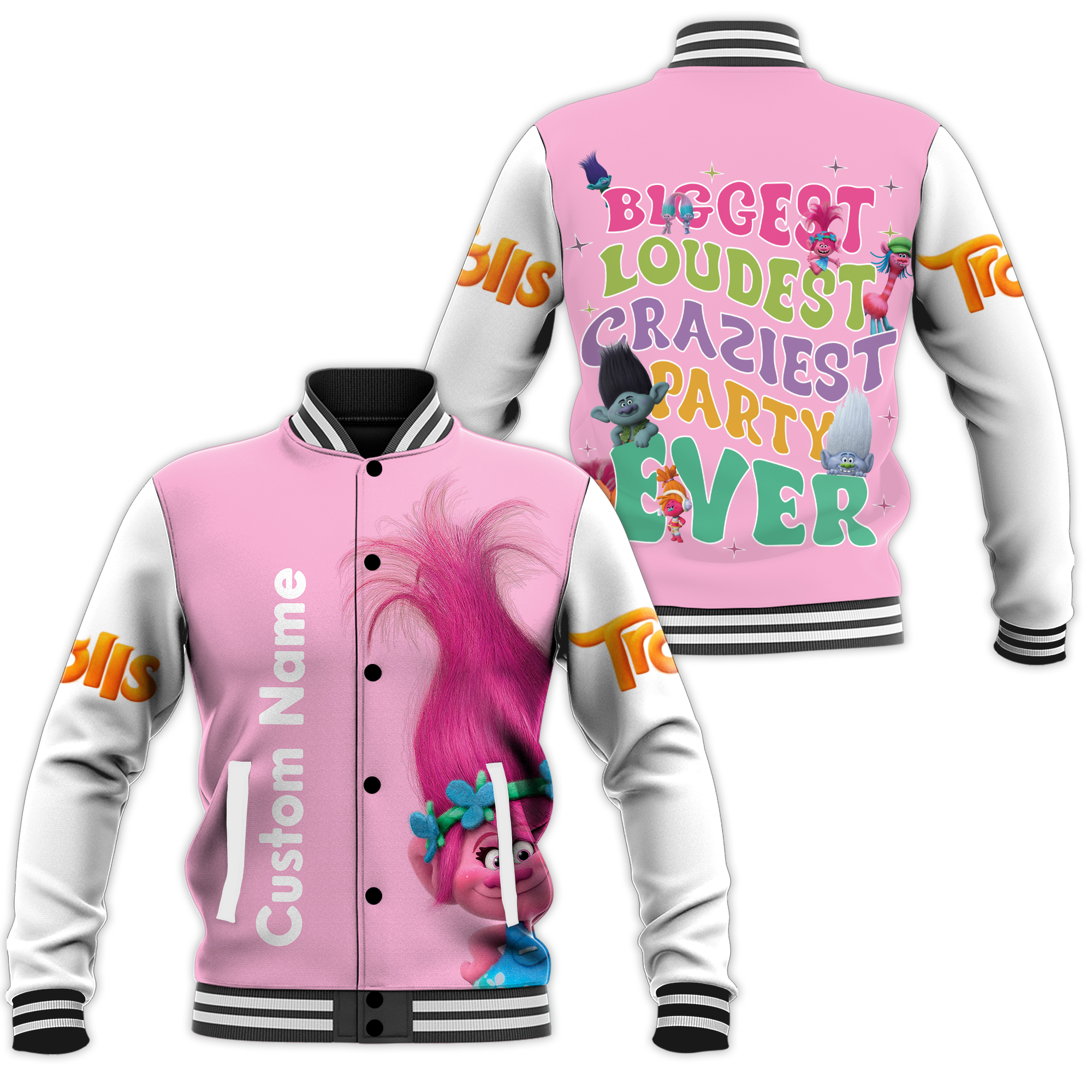 Personalized Trolls Baseball Jacket, Trolls Band Together Princess Queen Poppy Birthday Girl Jacket