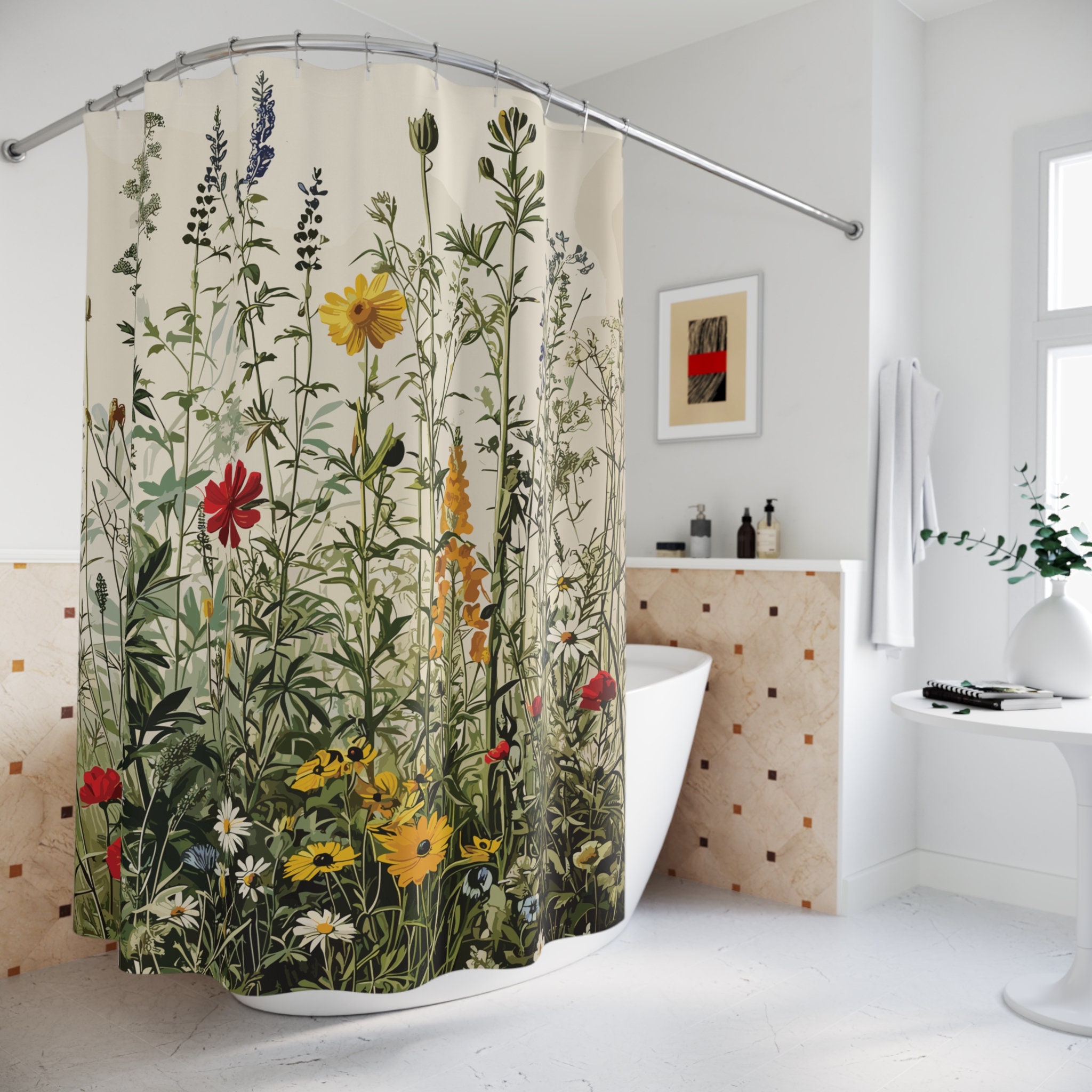 Wildflowers Botanical Shower Curtain, Boho Floral Shower Curtain