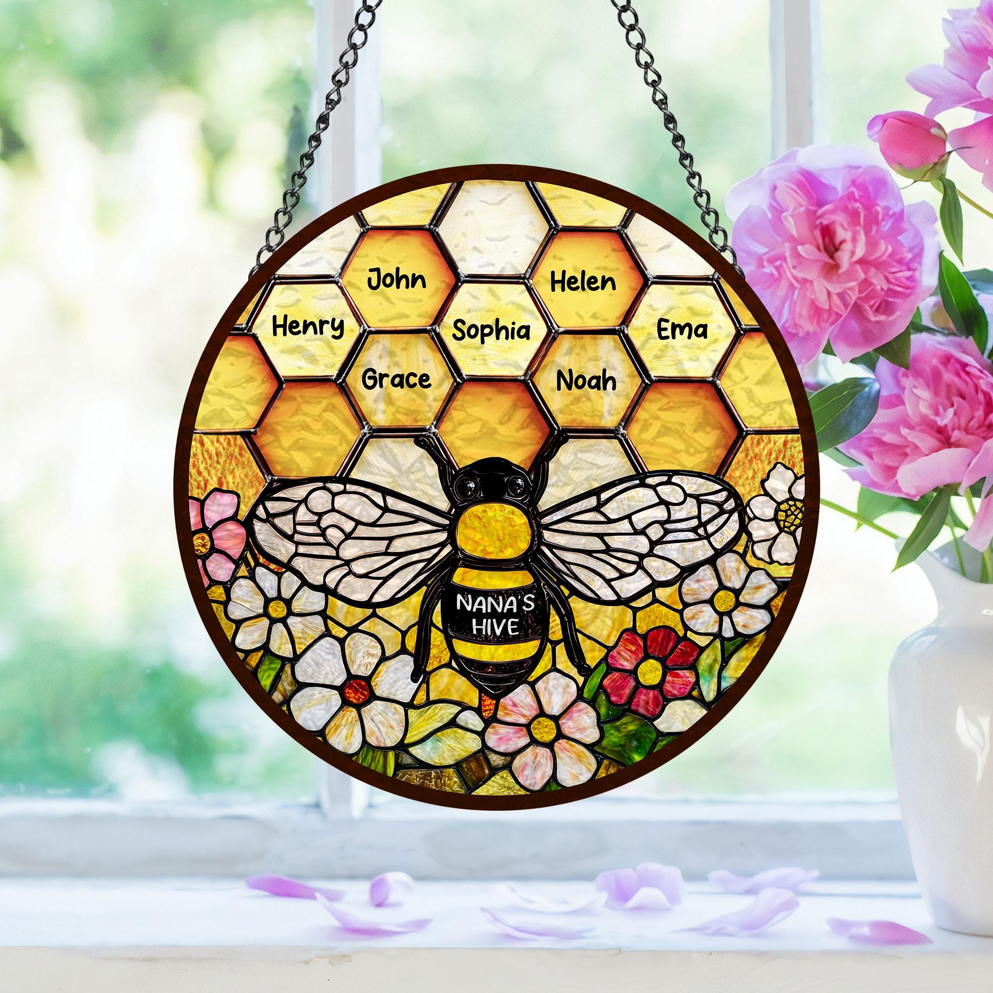 Custom Grandma's Garden Bee, Personalized Stained Glass Window Hanging Suncatcher