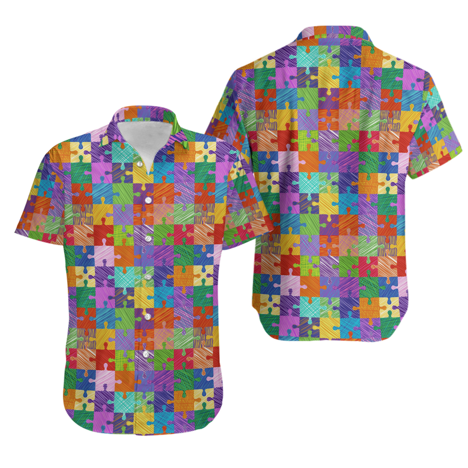 Autism Pieces Colorful Hawaiian Button Down Shirt