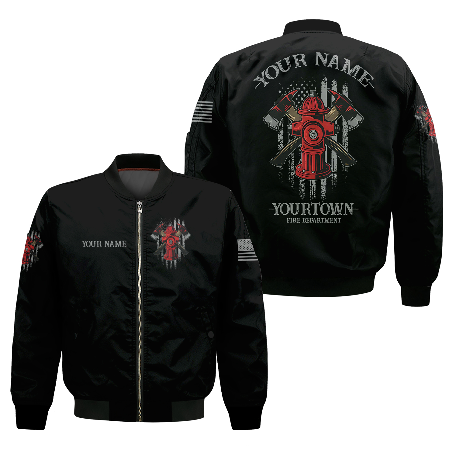 Personalized Firefighter Name, Yourtown Unisex Windproof Bomber Jacket