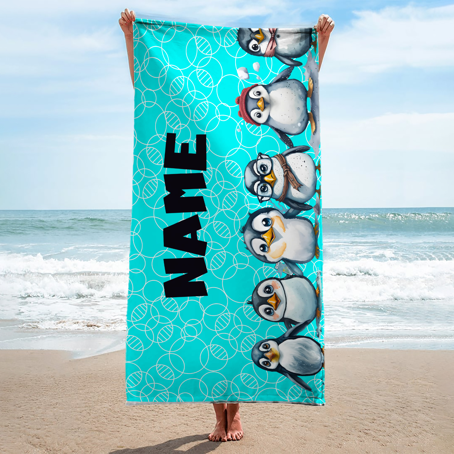 Playful Penguin Adorable And Cute Personalized Towel  - Customized  With Name