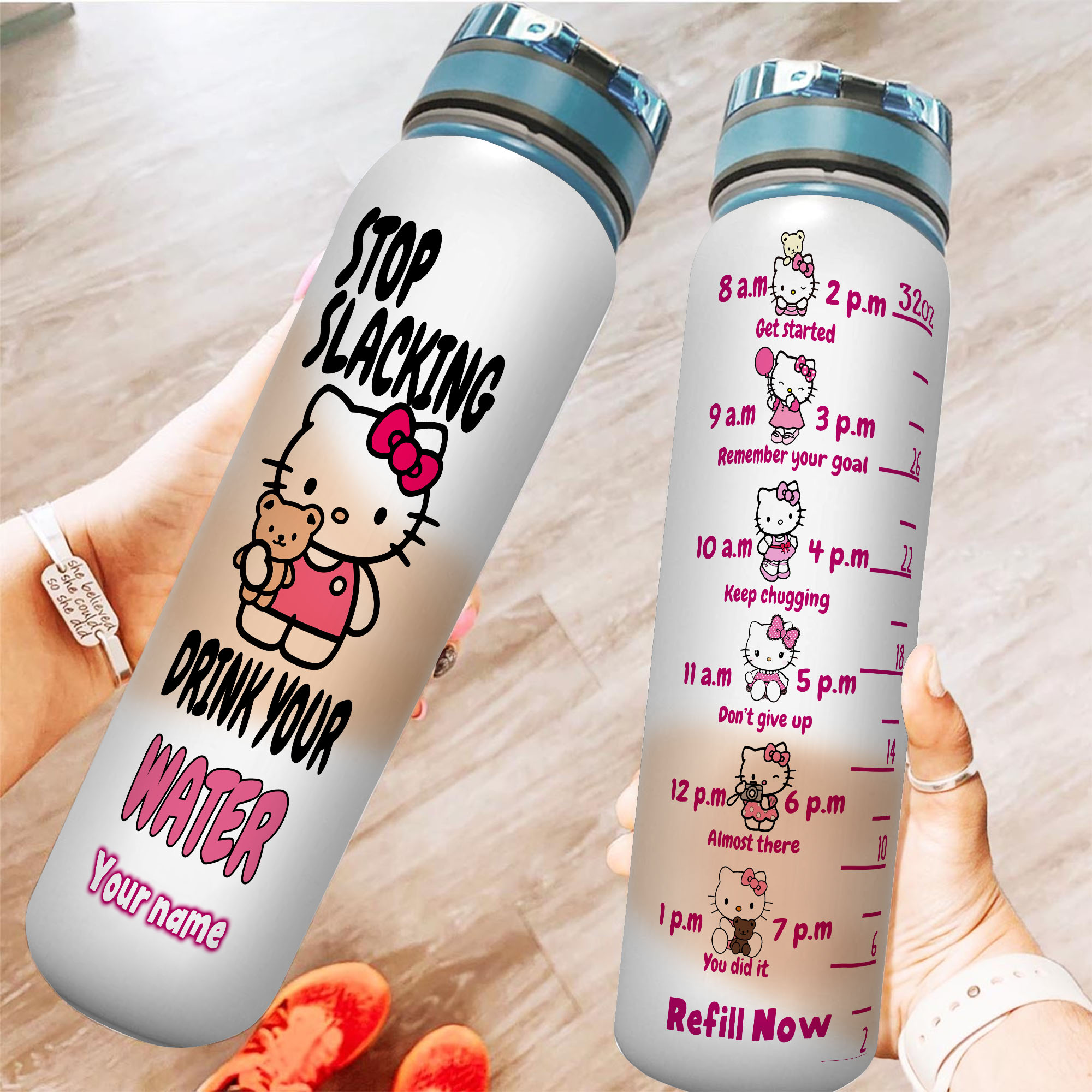 Stop Slacking Hello Cat Musical Personalized Water Tracker Bottle