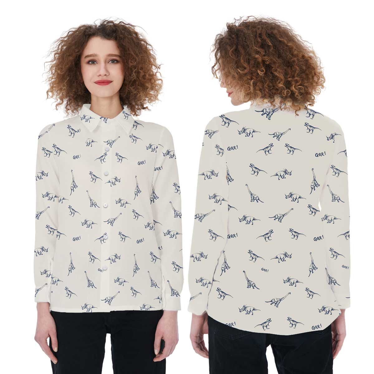 Vintage Dinosaurs Linen Shirt, Dinosaur Lover Women Blouse