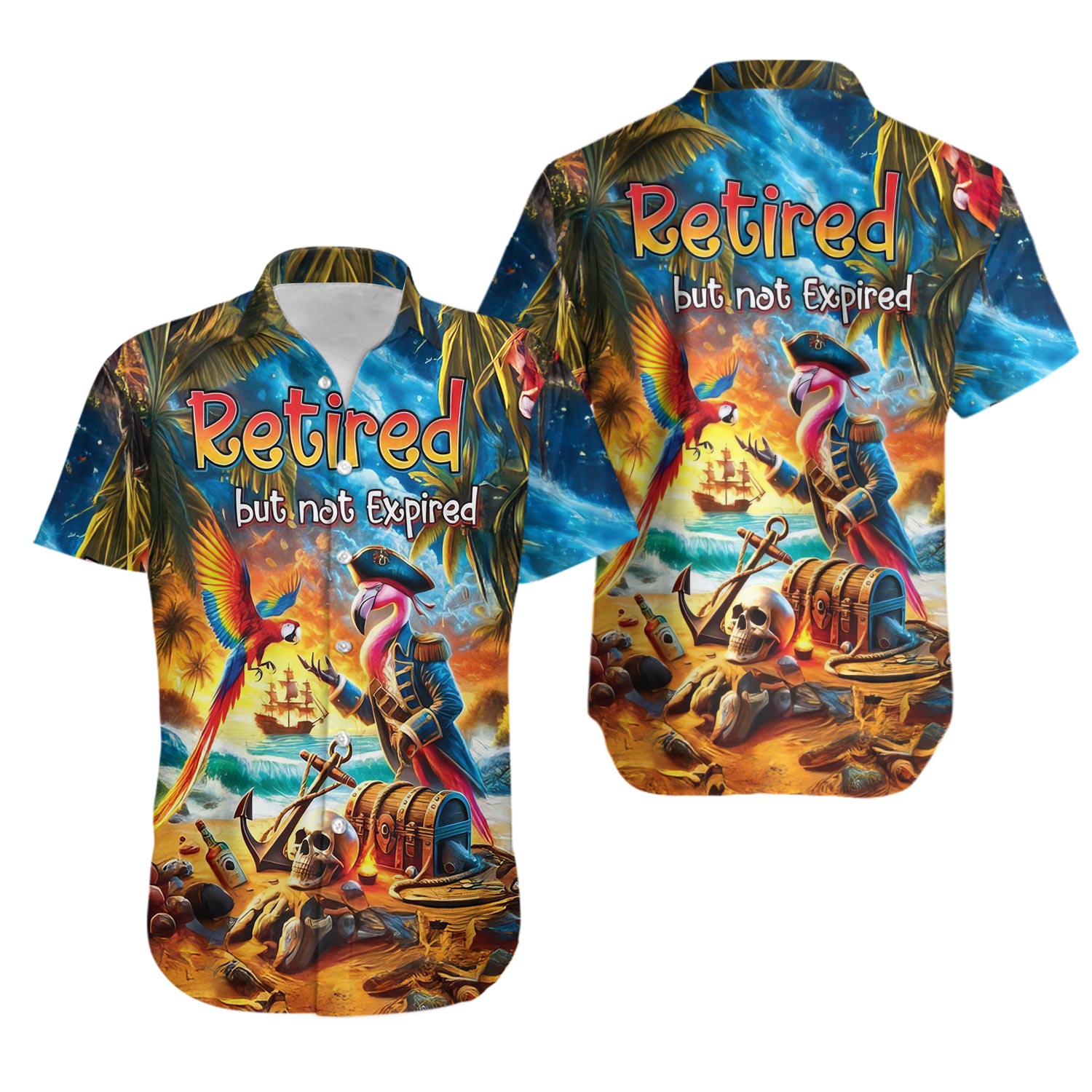 Flamingo Pirate Hawaiian Shirt, Retired But Not Expired Button Up Shirt