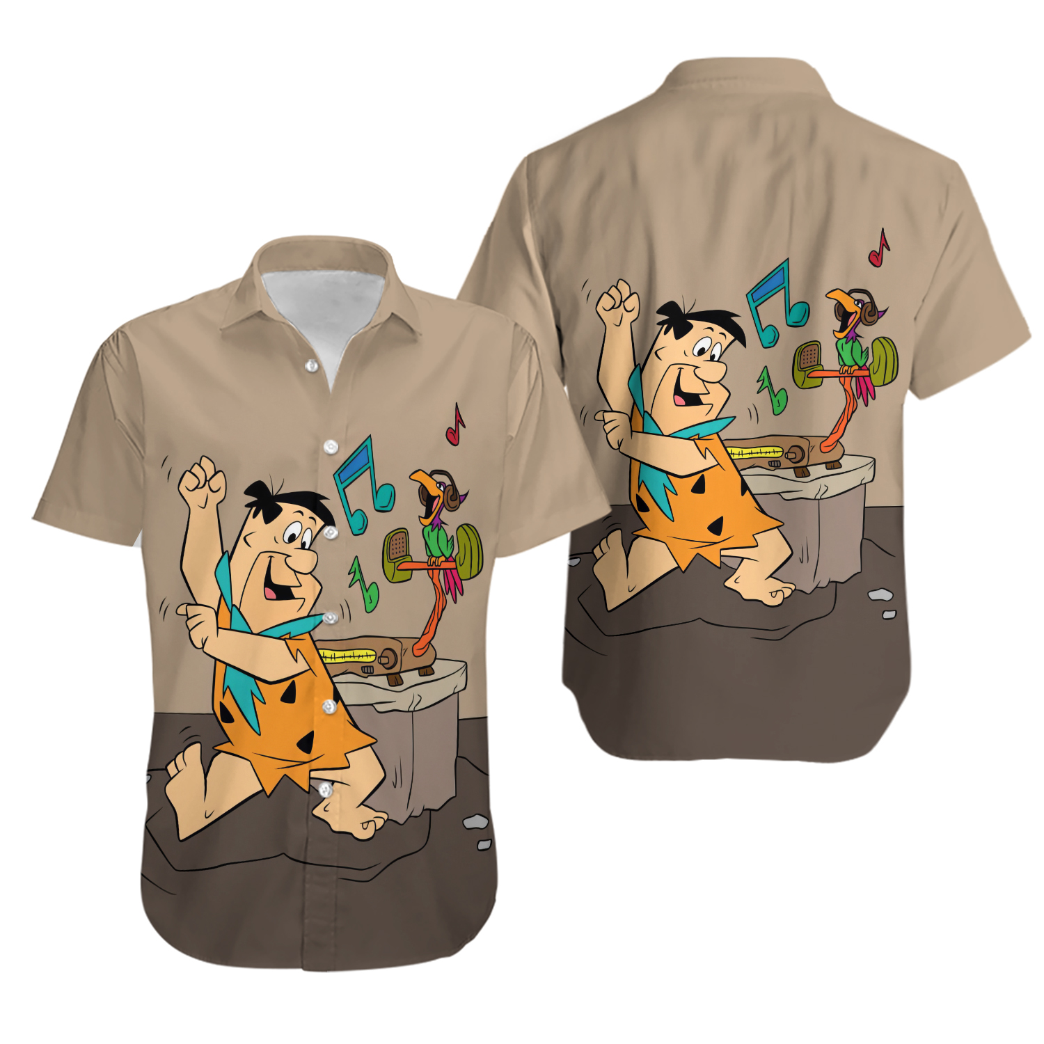 Flintstones Music Fred With Parrot Aloha Summer Vacation Hawaiian Shirt