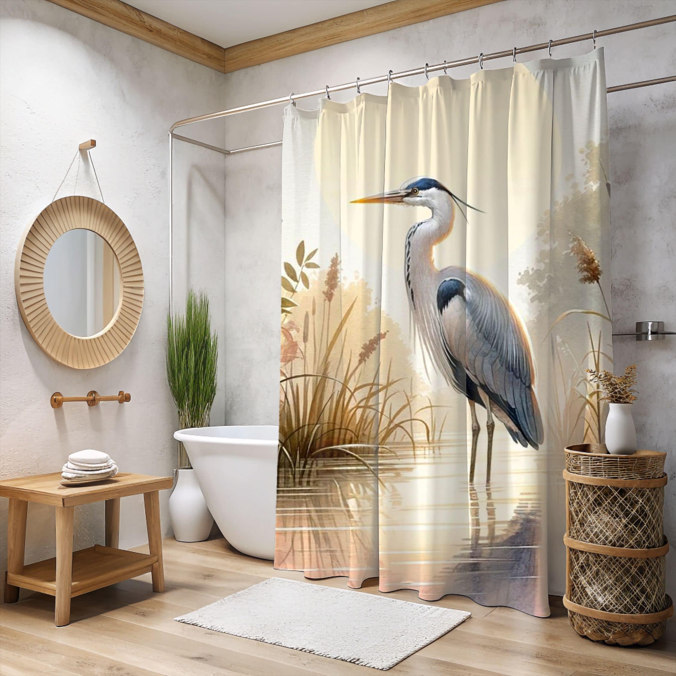 Blue Heron Printed Coastal William Morris Shower Curtain | B