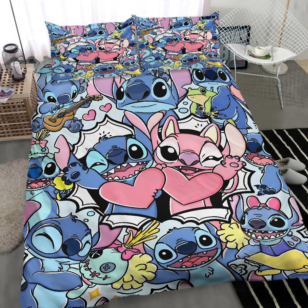Cartoon Stitchh And Angle Forever Love Happy Valentine's Day Bedding Set