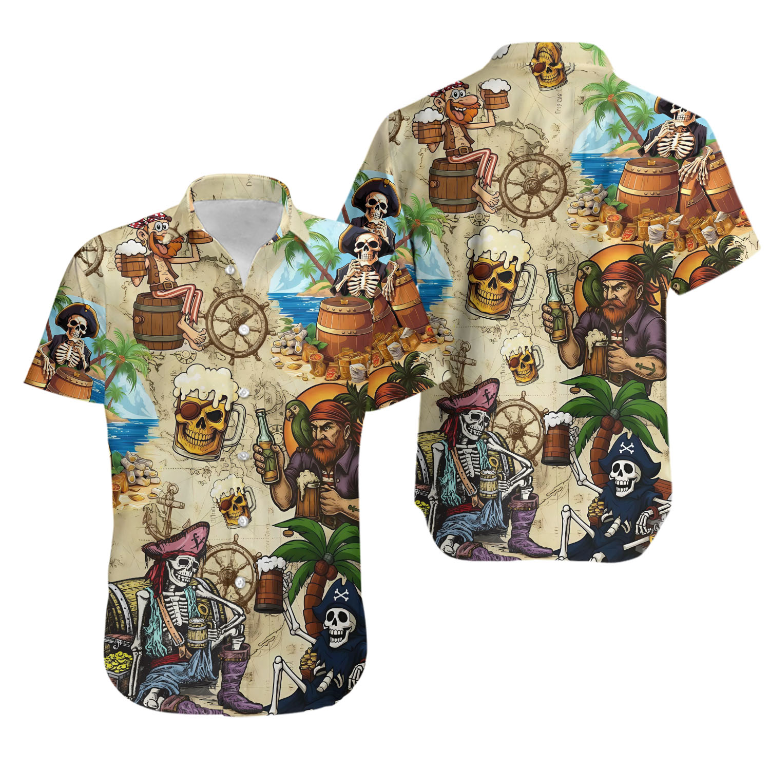 Pirate Hawaiian Shirt, Funny Skeleton Shirt, Beer & Treasure Map Shirt