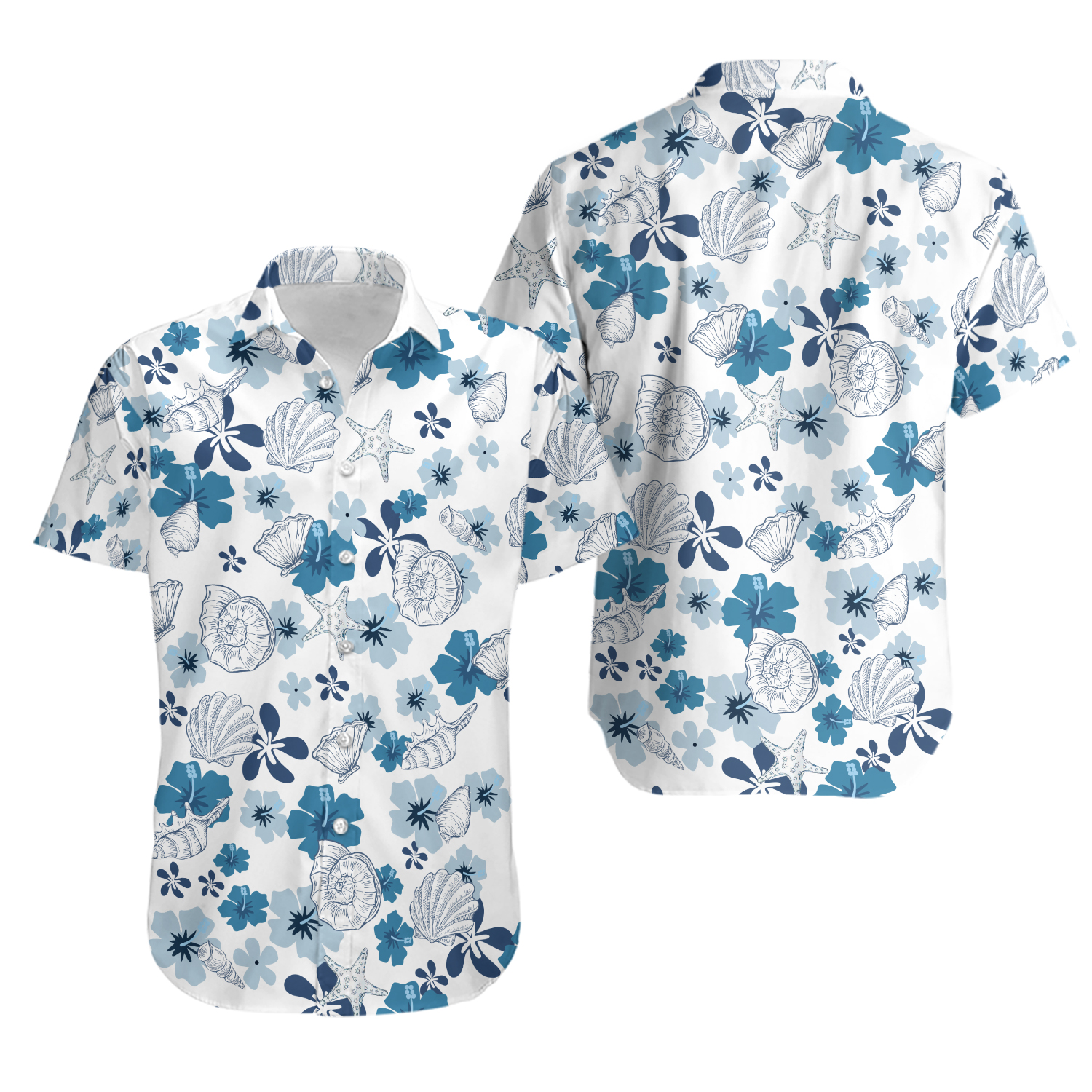 Blue Ocean Seashell Hawaiian Shirt, Casual Summer Outfit, Starfish And Shell Beachwear, Tropical Resort Vacation Fashion