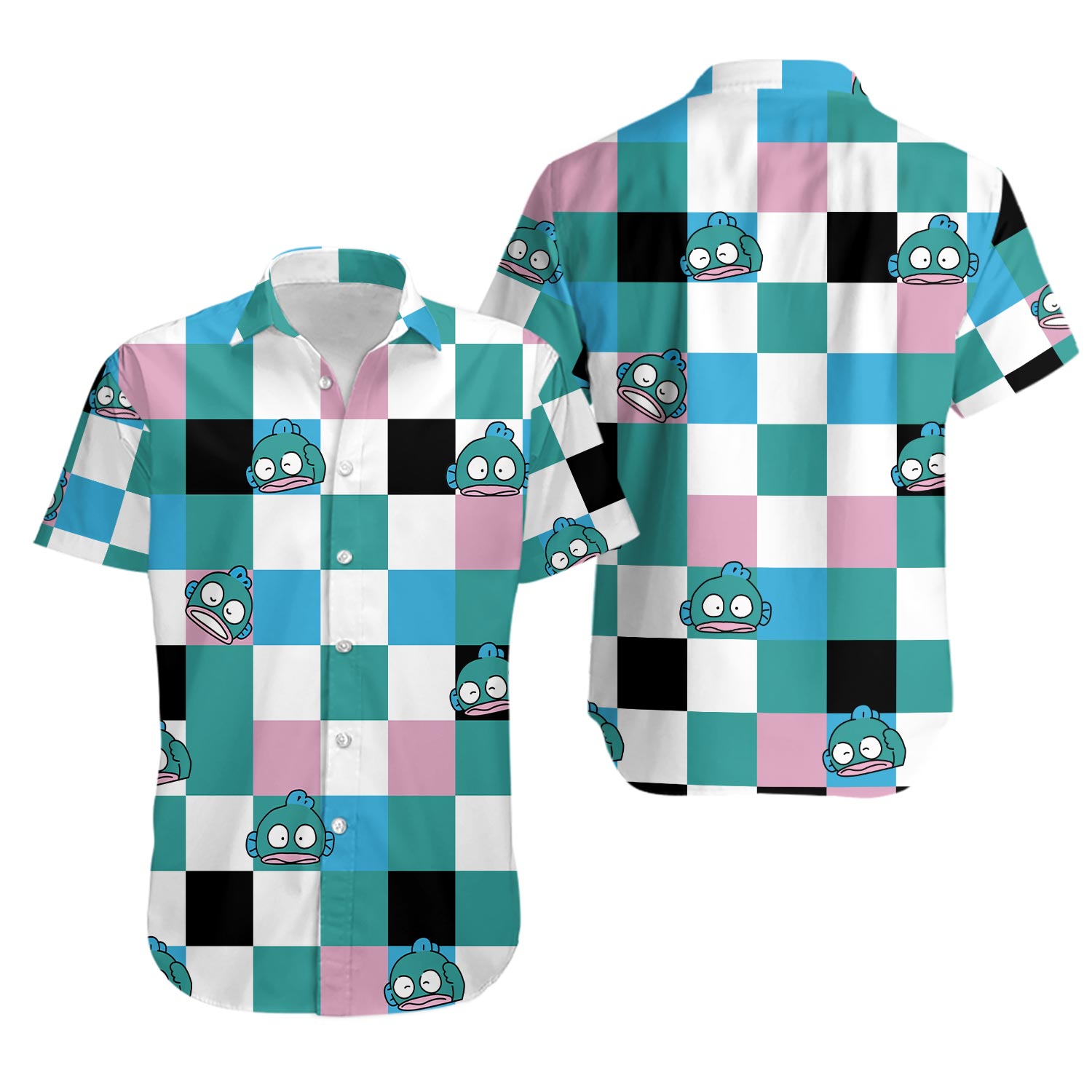 Sanrio Hangyodon Button Up Shirt, Hangyodon Sanrio Hawaiian Shirt, Sanrio Checkered